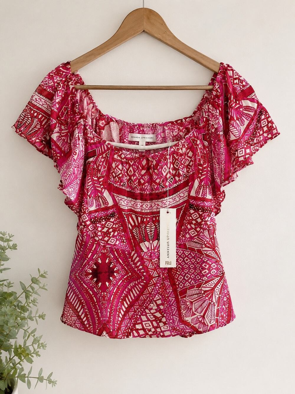 Amanda Uprichard Silk Delilah Top Pink Red Scarf Print Ruffle Blouse Small